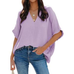Dokotoo Casual Womens Short Sleeve V Neck Shirts Oversized Solid Blouses Tops (Purple, S)