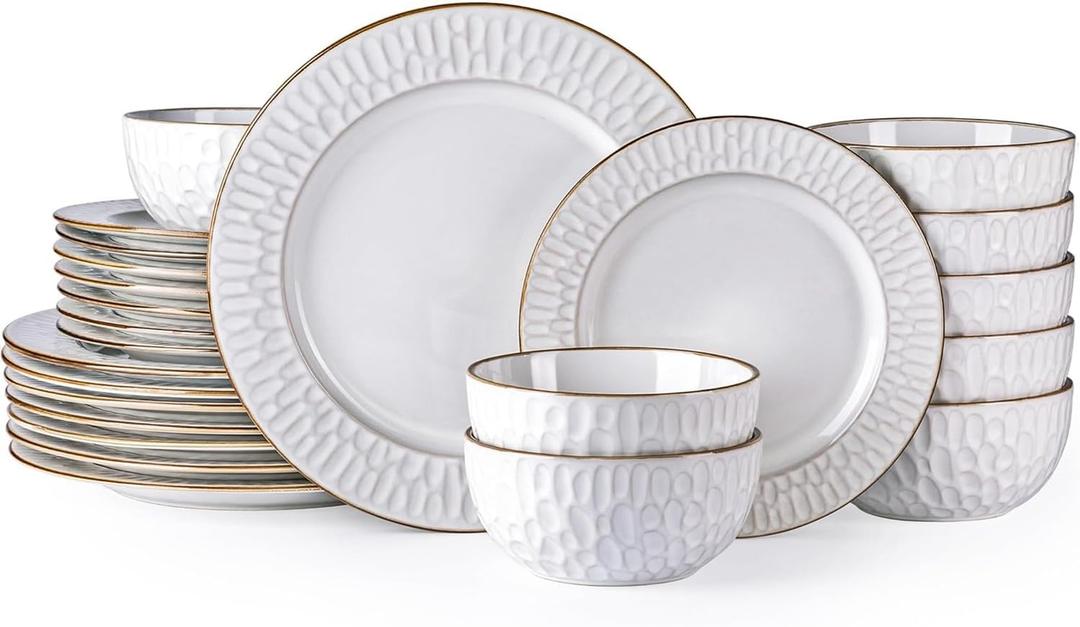 GBHOME Ceramic Dinnerware Sets, 24 pcs Embossed Elegant Stoneware Plates and Bowls Sets, Housewarming Wedding Gift | Dishwasher & Microwave Safe | Dishes Set Service for 8 (Pearl White-Bubble)