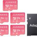 JUANWE 128GB Micro SD Card 5 Pack SD Card MicroSDXC Flash Memory Card 128 GB, A1 U3 V30 4K Video Recording 128GB TF Cards with Adapter for Phone, Dash Cam, Security Camera (5 Pack, Pink)