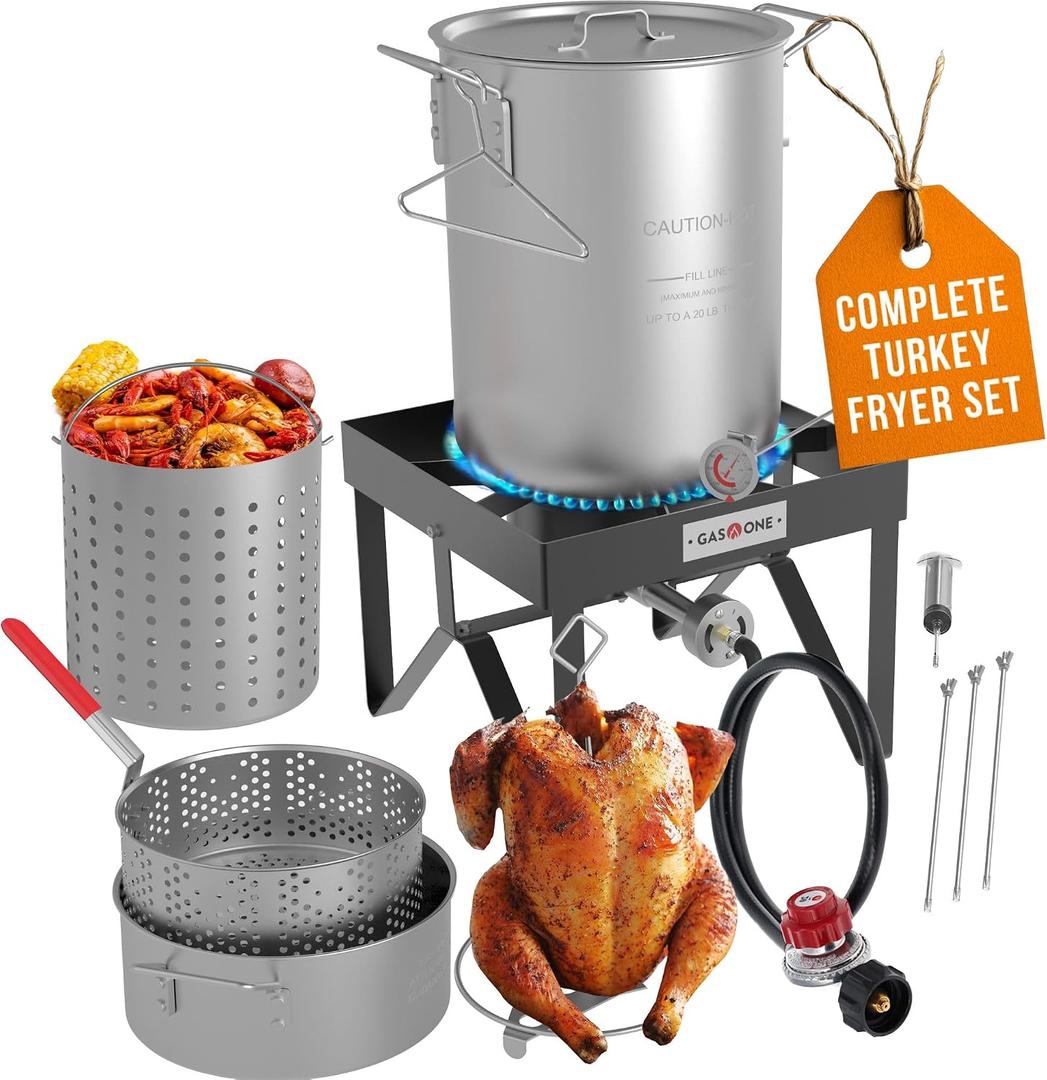 GasOne Turkey Fryer and Seafood Boil 13pc Set - 30QT & 10QT Propane Burner Set for Crawfish, Crab, Shrimp, Lobster, Turkey Frying, Complete Outdoor Cooker for Boiling & Frying