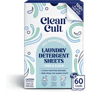 Cleancult Laundry Detergent Sheets - Resealable Box - 3 Stain Fighting Enzymes - Fragrance Free - 60 Loads - Free of Harsh Chemicals - No Mess - No Plastic Waste (60 Count (Pack of 1)