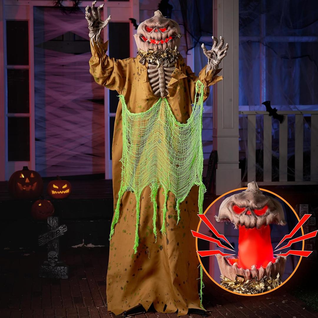 JOYIN 67" Halloween Animated Pumpkin Decorations Outdoor with Pop Up Head, Sound Activated Standing Ghost with Sound and Light, Scary Haunted House Props Decor for Graveyard Garden Party Yard Lawn