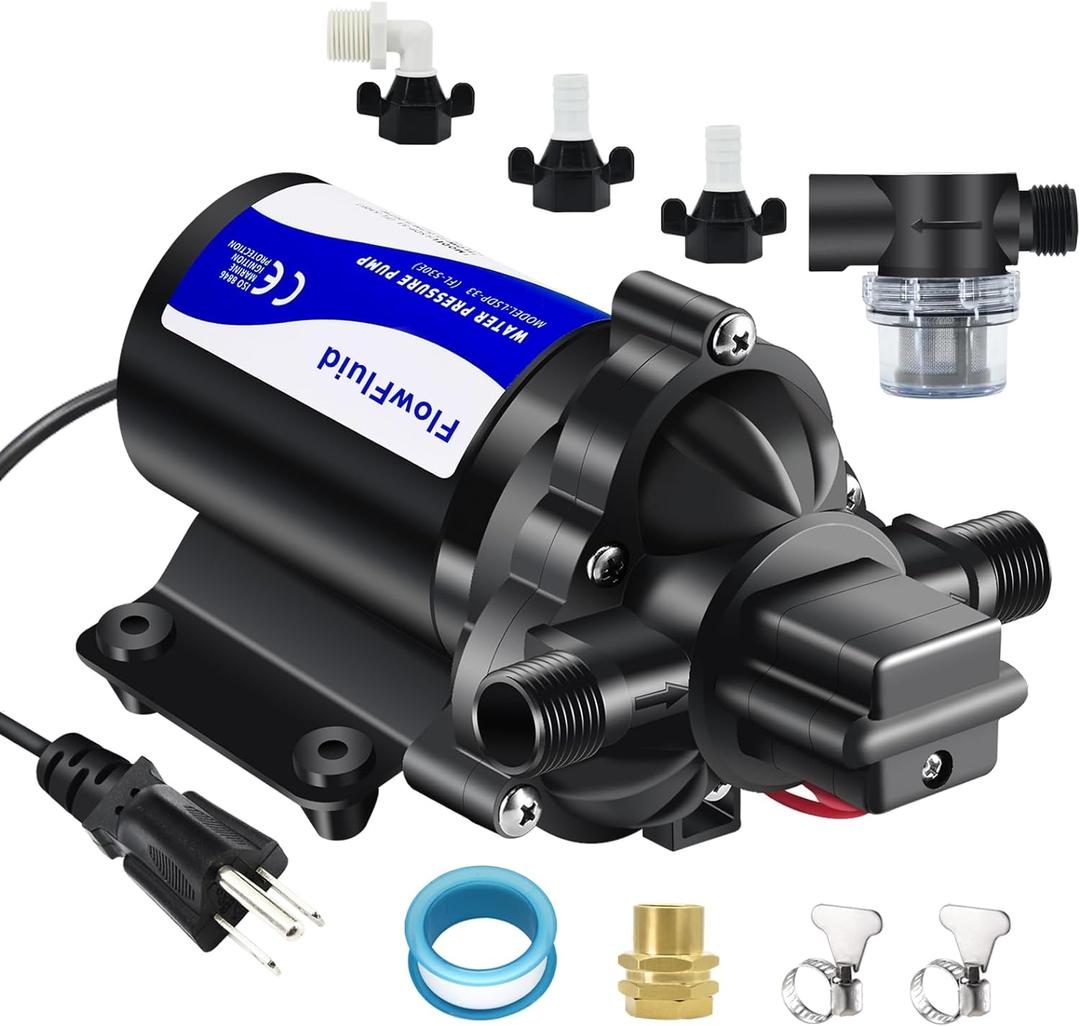 Water Pressure Booster Diaphragm Pump 110V AC for House,45PSI 4GPM Fresh Water Transfer Pump with Plug,On Demand Self-Priming Water Pump with Filter for RV Bathroom Kitchen Irrigation Spray