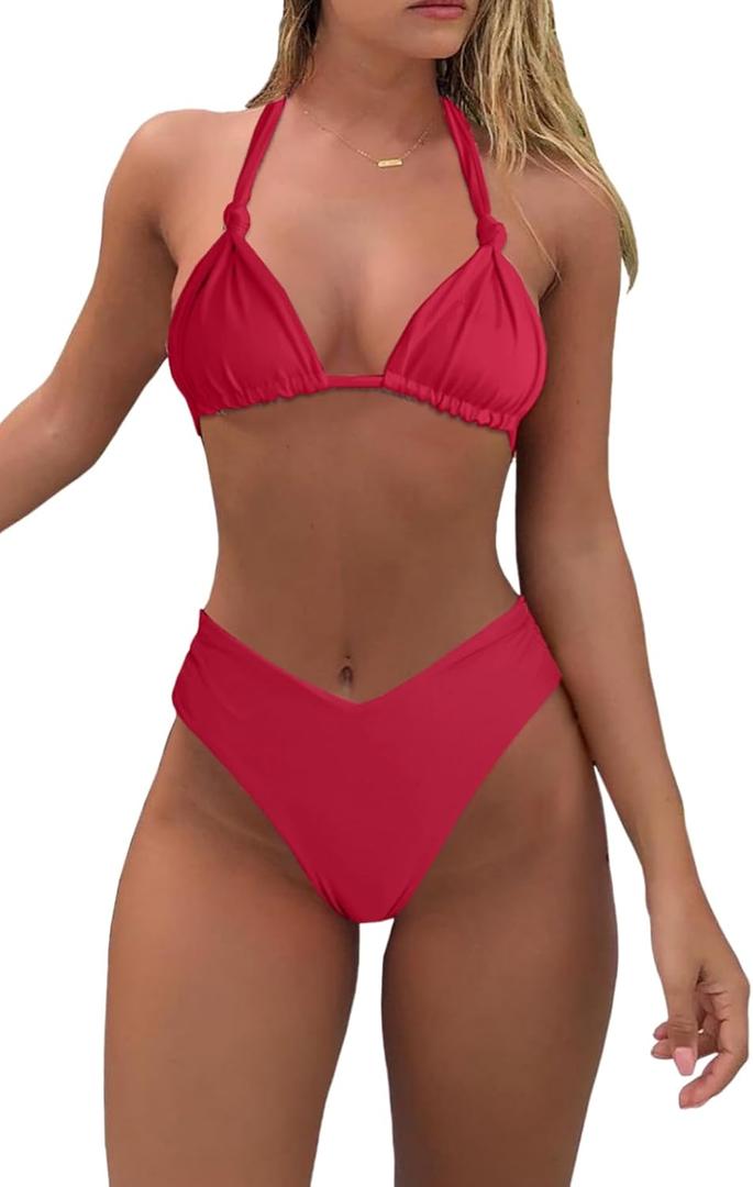 Bikini Sets for Women Sexy Halter Triangle String Bikini Cheeky V Cut High Waisted Thong Swimsuits 2 Piece (Small, Red)