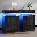 Nightstands Set 2, 15 Inches LED Night Stand Set of 2, Modern Bedside Table with LED Lights, High Gloss Surface, End Table with Storage for Bedroom, Black