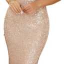 Women's V Neck Sequin Formal Evening Dress Tassel Bead Sleeve Mermaid Long Gown 1920S Party Maxi Military Dress (Beige, S)