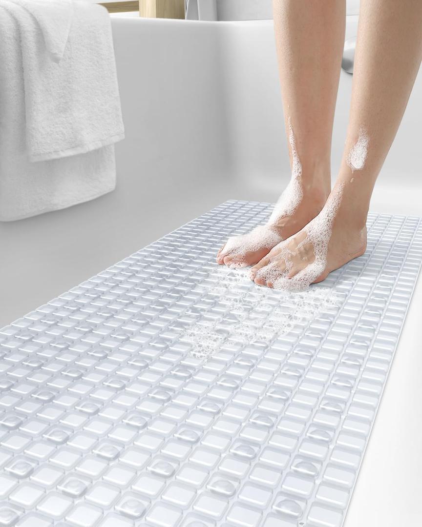 DEXI Bathtub Mat Non Slip, Extra Long 39x16, Suction Cups, Drain Holes, Machine Washable for Tub Shower Floor, Clear