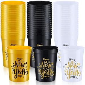 48 Pcs Happy New Year Party Cups 2026 Disposable New Years Eve Plastic Cups 8 oz Black Gold White Reusable 2026 Year's Eve tumbler for Holiday Party Supplies