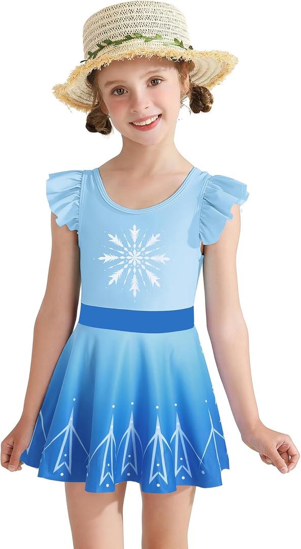 Girls One Piece Swimsuits with Skirt UPF 50+ Floral Bright Bathing Suits for 3-4 Years (Blue Frozen)