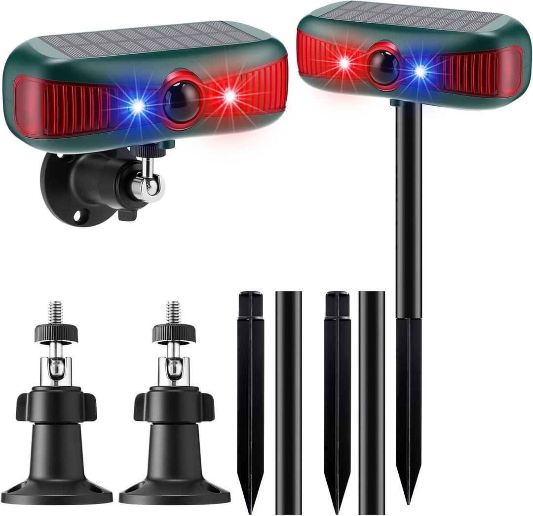Qualirey 2 Pcs Solar Outdoor Alarm Motion Sensor 129dB Security Siren Ultrasonic Detector Strobe Light, 4 Modes Animal Deterrent Waterproof Alarm for Home, Farm (Red)