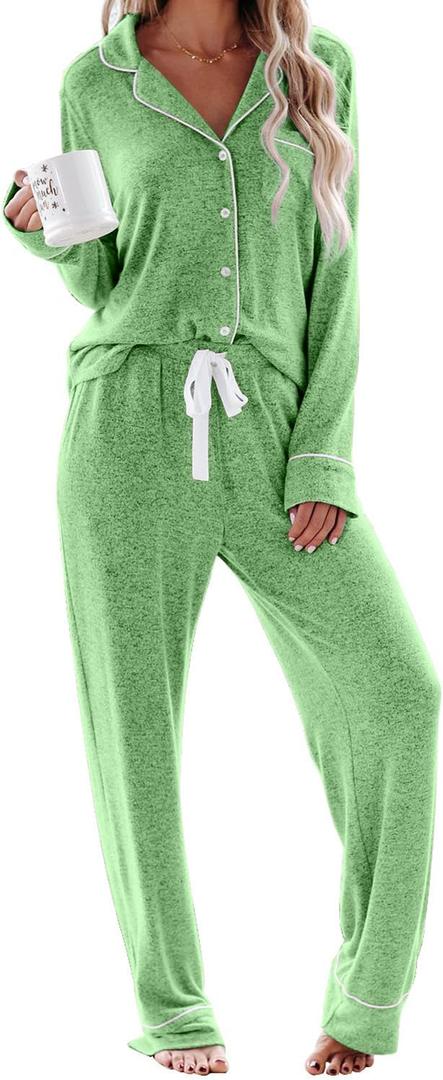 Aamikast Women's Pajama Sets Long Sleeve Button Down Sleepwear Nightwear Soft Pjs Lounge Sets (Medium, Lake Green)