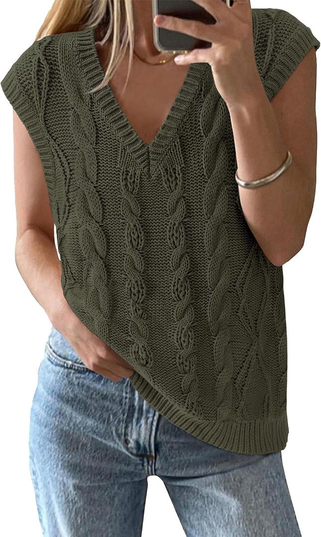 BTFBM Sweater Vest Women Oversized V Neck Cable Knit Casual Pullover Sweaters Fall Outfits 2025 Sleeveless Tops (Green, S)