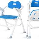 Foldable Upgraded Shower Chair with Armrests and Back, Heavy Duty Folding Bathtub Chair with Thicker Shower Seat for Elderly, Handicap, Disabled, Seniors & Pregnant, Supports Up to 400 lbs. (Blue)