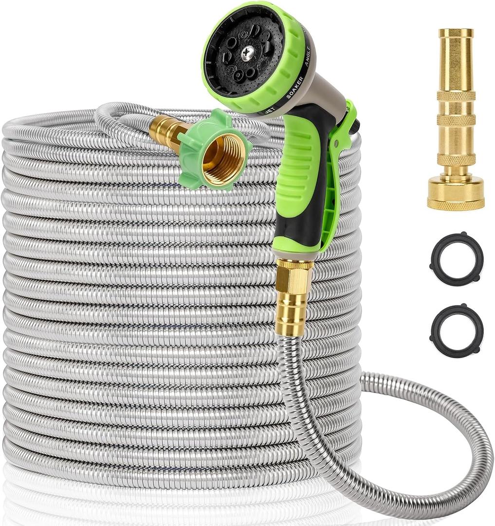 Garden Hose Metal 75 FT, Stainless Steel Hose, Water Hose with 10 Function Nozzle & Brass Nozzle, Lightweight, No Kink & Tangle, Easy to Use & Store, Heavy Duty Metal Hose for Yard and Lawn
