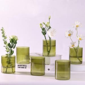 Glass Ribbed Cylinder Vase Set of 6, Bud Vase for Wedding Centerpieces, Green Flower Vases Bulk, Hurricane Floating Candle Holder, Decorative Flower Vase for Table Housewarming Gifts (Green), 1 Cracked