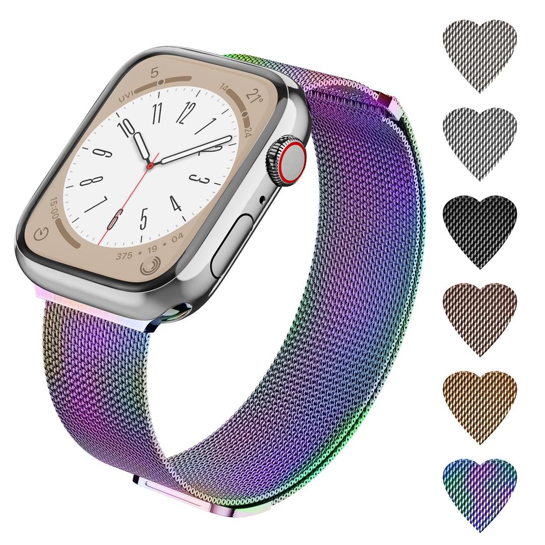 CHINDRAG Magnetic Loop Band Compatible with Apple Watch S9/8/7/6/5/4/3 42/44/45/49mm, Ultra 1/2 49MM, Classy Stainless Steel Metal Mesh Strap fit iWatch SE, Women Men, XS/S Rainbow