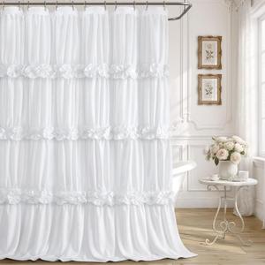 White Ruffle Shower Curtain with Handmade Bow Tie, Linen Vintage Farmhouse Shower Curtain for Bathroom, 72" W x 72" H