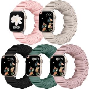 Adorve Scrunchie Bands Compatible with Apple Watch Band 38mm 40mm 41mm 42mm 44mm 45mm 46mm 49mm Women, Cute Fabric Scrunchy Adjustable Elastic Strap for iWatch SE3/2/1 Ultra Series 11 10 9 8 7 6 5 4 3 (Black/Pine Green/Pink/Milk Tea/Starlight)