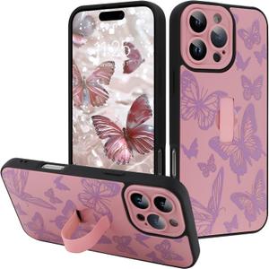 for iPhone 16 Pro Case with Finger Strap Holder, Cute Cool Butterfly Print Pattern Design for Women Girls, Shockproof Anti Scratch Hand Kickstand Protective Cover, Pink
