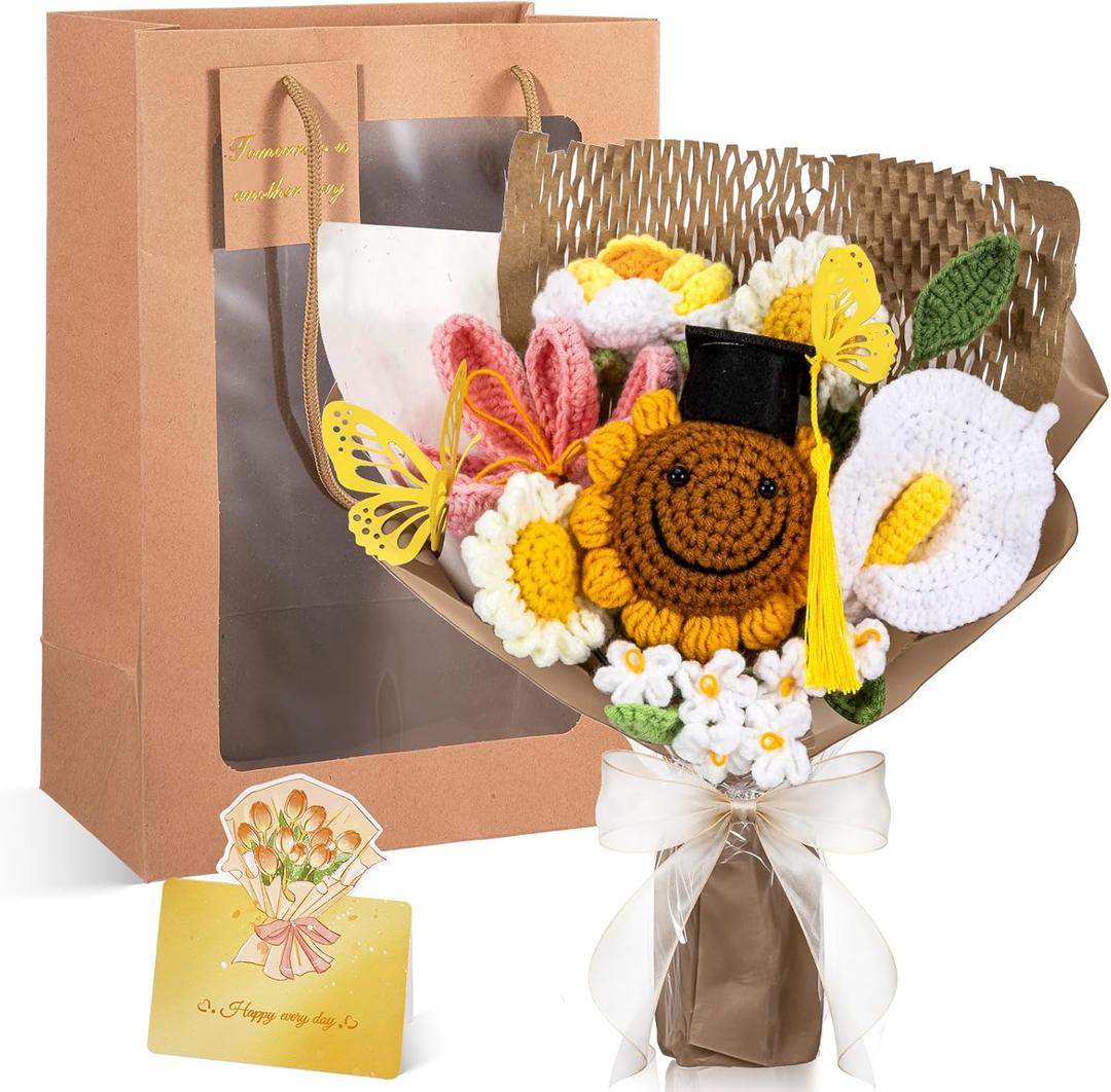 Retrowavy Graduation Crochet Flower Bouquet with Gift Box Bag and Card, Crochet Flowers Handmade Pink Tulips Sunflowers Bouquet Graduation Gifts for Women Friends Grad(Yellow, Grad)
