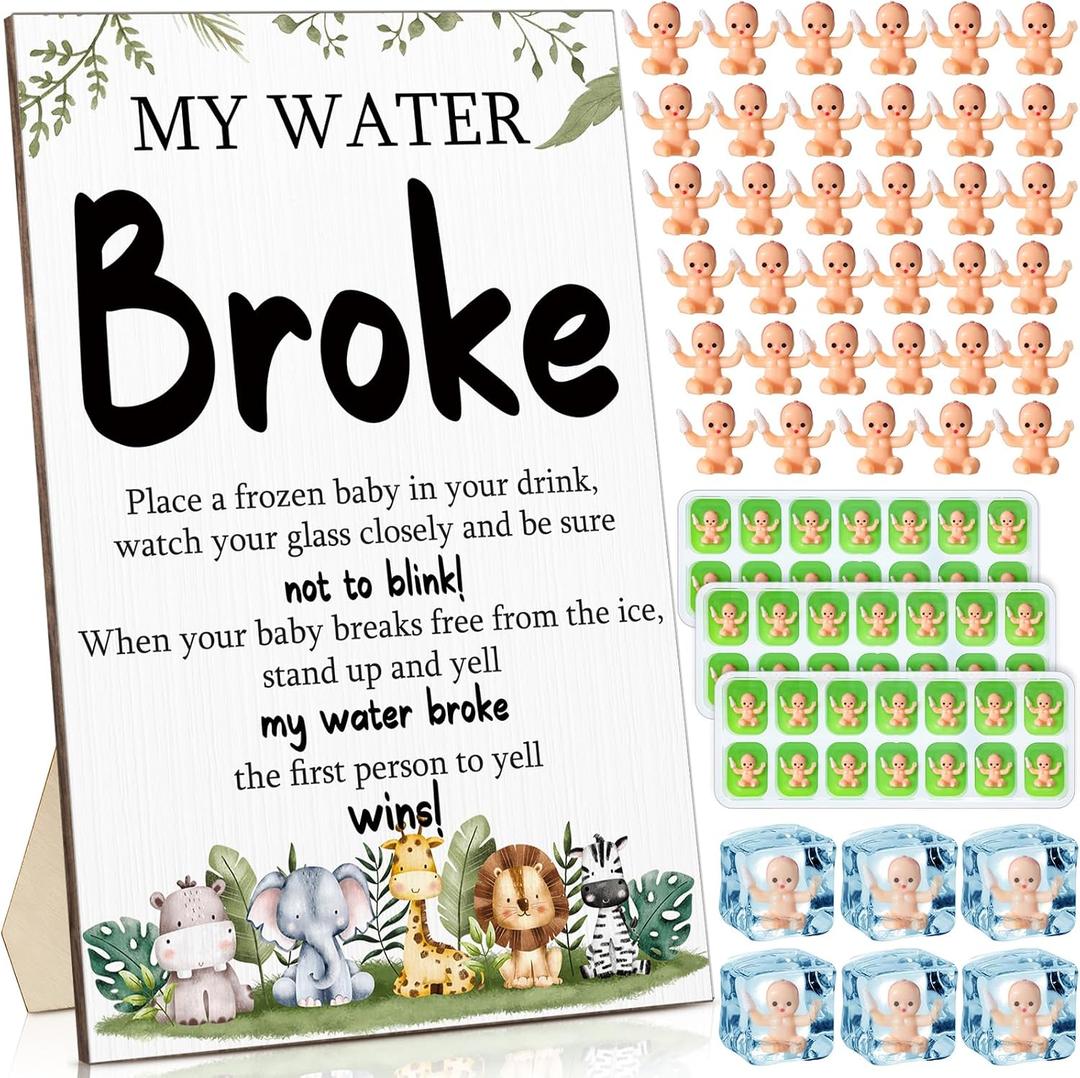 Roowest 54 Pcs My Water Broke Baby Shower Game with 50 Tiny Plastic Small Mini Ice Baby 3 Ice Cube Trays 1 Display Board Gender Reveal Wooden Sign Gift for Guest Party Decoration(Woodland Animal)