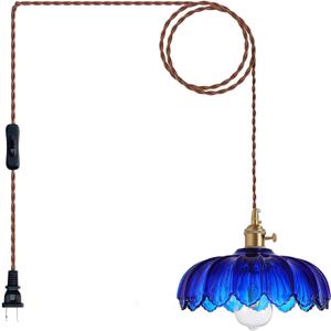 Plug in Pendant Light: Bule Hanging Light Plug in Fixture Hanging Lamp, Glass Pendant Lighting for Kitchen Island, Bedroom, Dining Room, Living Room, E26 No Bulb