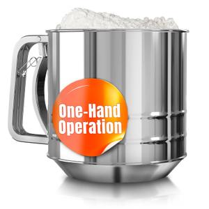 5 Cup Flour Sifter for Baking  Flour Sifter Stainless Steel with Easy One-Hand Press, Double Mesh, Comfortable Grip, Dishwasher Safe  Large Capacity for Batch Baking, Powdered Sugar, Cocoa & Pastry