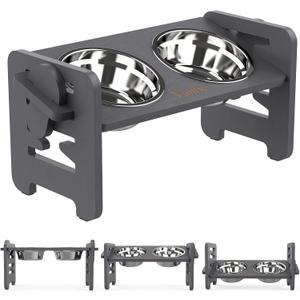 Vantic Elevated Dog Bowls, Adjustable Raised Dog Bowl Stand for Small Puppy and Cats, Sturdy Bamboo Pet Food Feeder with 2 Stainless Steel Dishes, Gray