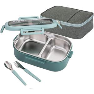 Lille Home 28oz Stainless Steel Leakproof 2-Compartment Bento Lunch Box/Portion Control Food Container with Lunch Bag and Cutlery Set, BPA Free (Green)