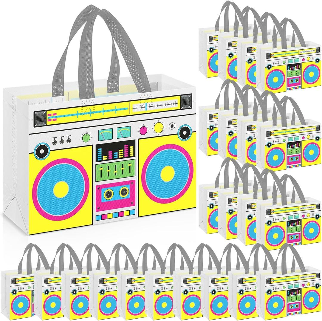 24 Pcs 80s90s Party Favor Bags Non Woven Retro Radio Grocery Bags for Hip Hop Birthday Disco Rock Party (Yellow)