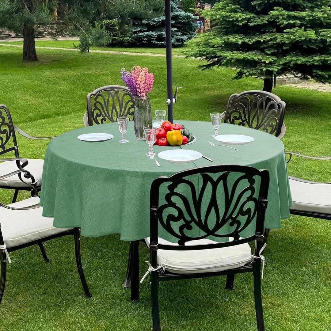 Outdoor Tablecloth with Umbrella Hole - Patio Table Cloth Zippered Round 60 Inch, Sage Green Linen-Look Polyester Table Cover Water Resistant for Picnic Outside