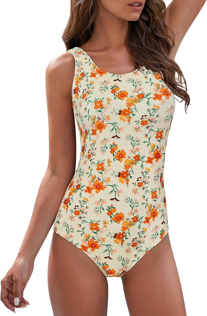American Trends Modest Criss Cross Back One Piece Swimsuit Women Full Coverage Floral Print Long Torso Swim Suits Orange Floral L