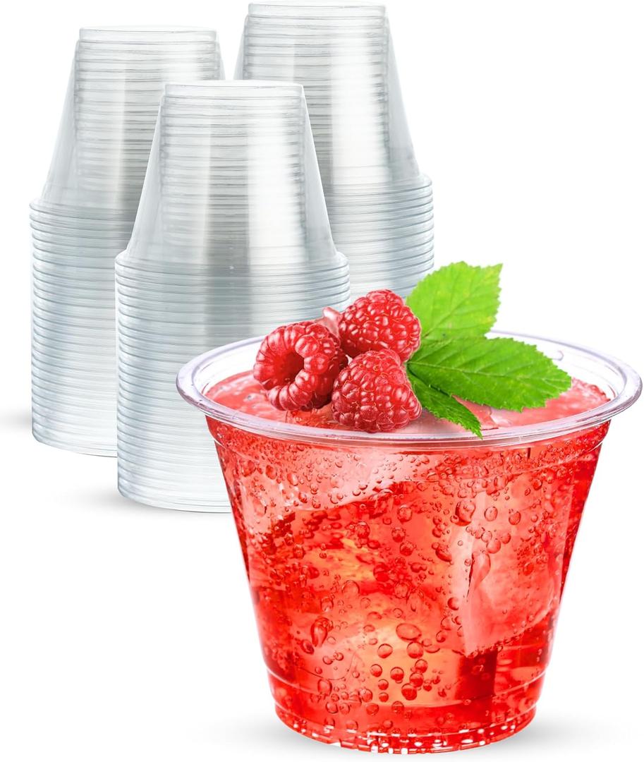 9 oz Clear Plastic Cups, 100 Pack 9oz Plastic Cocktail Party Cups, Disposable Wine Glasses Small Drinking Cup for Wedding, Punch Cup, Reusable Food Safe