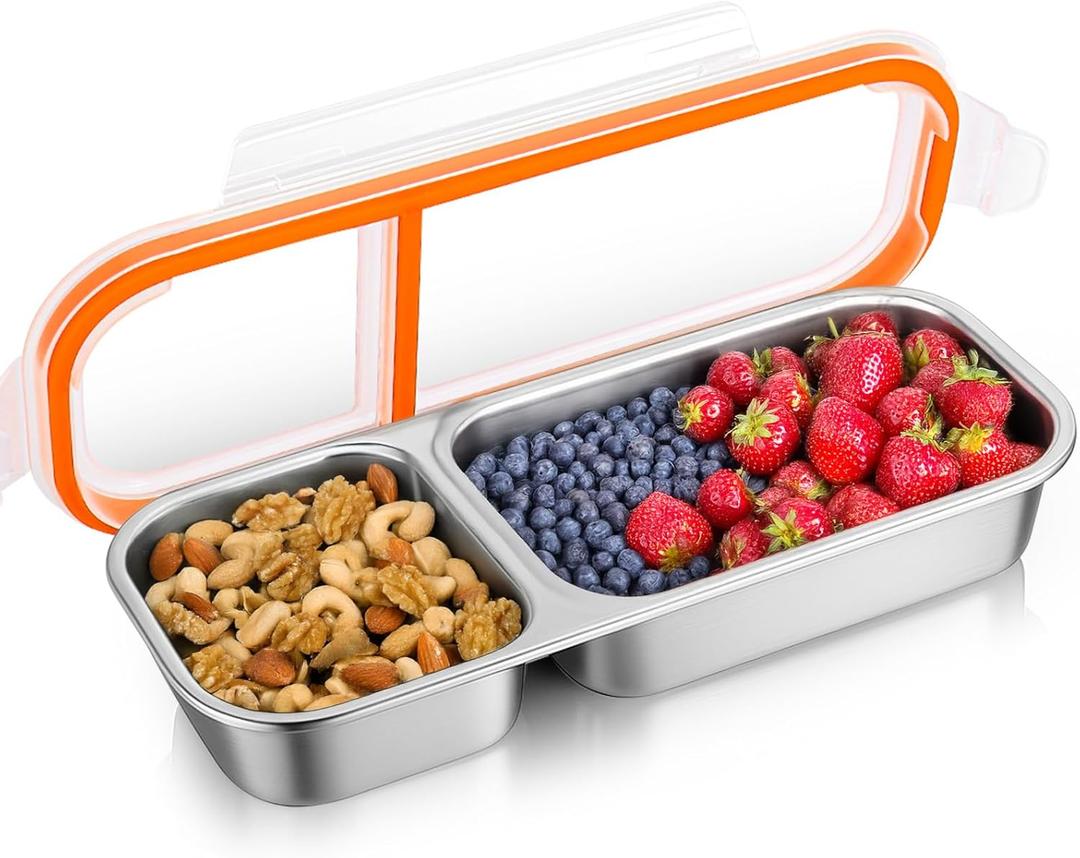 Juome Stainless Steel Snack Containers, Reusable Double/2 Compartment Snack Containers with Lids for Kids, Divided Food Storage Containers Condiment Box Sauce Cups for School, Travel, Home