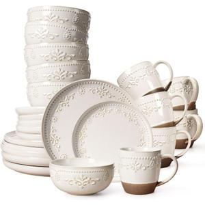 Artena Plates And Bowls Sets, 24 Pieces Dinnerware Sets, Dish Set For 6, Ceramic Kitchen Bowl And Plate Set, Embossed White Dishware Sets, Dishwasher & Microwave Safe (Damask Floral) (With Mugs)