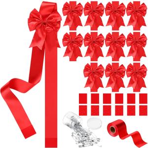 12 Pieces Christmas Cabinet Ribbons Xmas Door Ribbon Cabinet Bows with Large 30m Red Ribbons for DIY Christmas Festive Party Tree Decor Dining Kitchen Supplies, Red (Polyester)