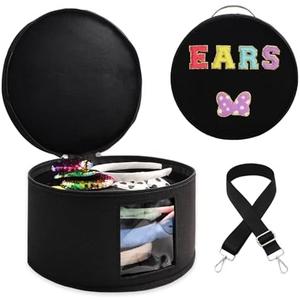 Chenille Letter Bow Mouse Ears Travel Case,Large Round Tiara Tote Storage Box,Headband Ears Display Storage Box with Shoulder Straps for Hairband,Tiara and Hair Accessories Storage Travel Picnic Park