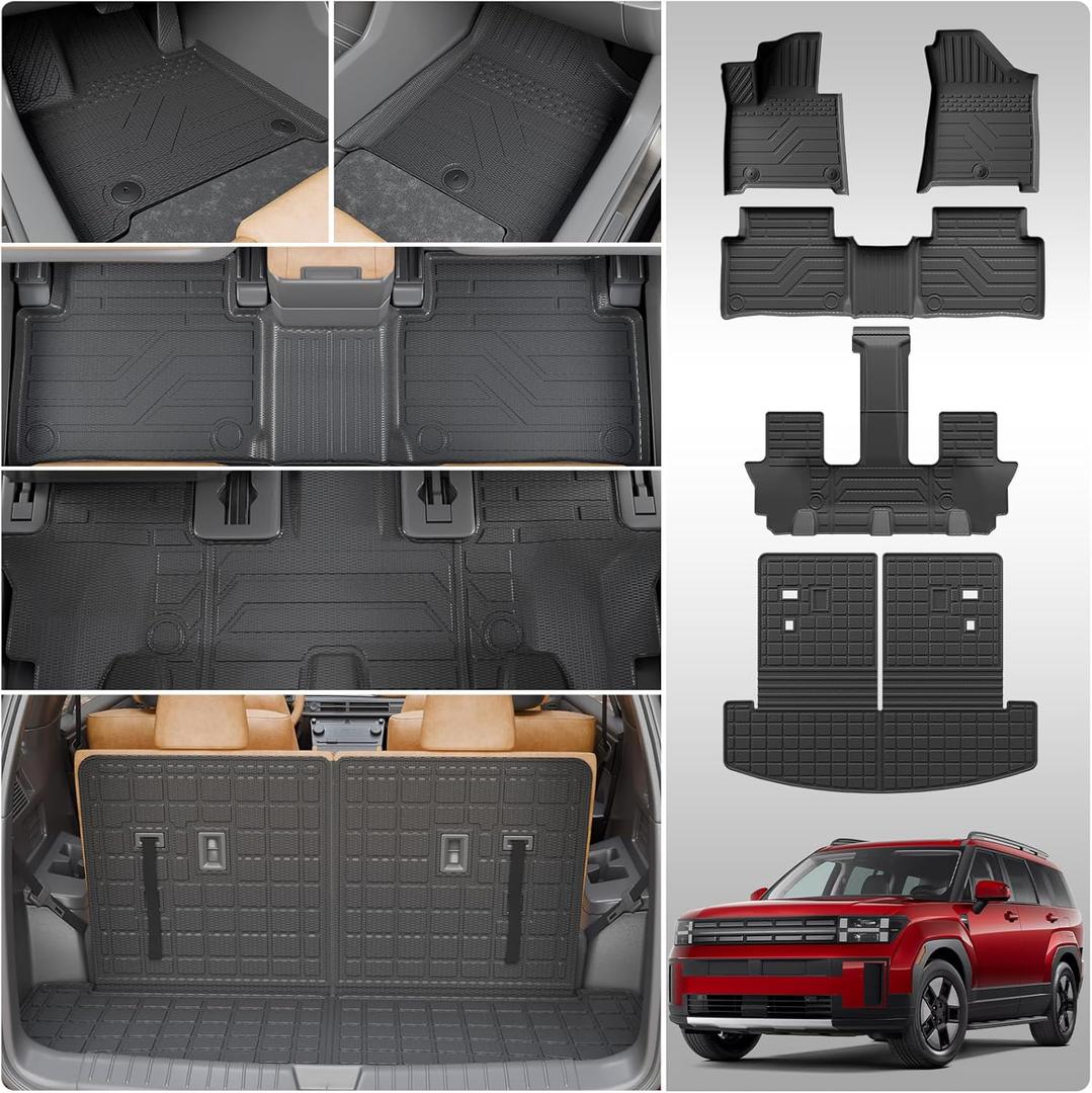 Floor Mats Compatible with 2024 2025 2026 Hyundai Santa Fe Cargo Liner Fit Gas&Hybrid TPE All Weather Back Seat Cover Protector Santa Fe Accessories (Trunk Mat with Backrest Mat+Floor Mats)