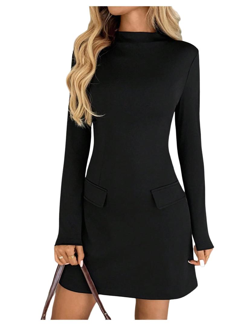 winkbay Women's Mock Neck Long Sleeve Dress Elegant A Line Mini Cocktail Party Dresses Business Casual Outfits Black Small (Black, S)