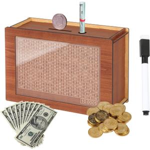 10,000 Savings Challenge BoxCash Vault Wooden Savings BoxCash Saver BoxCoin Counter Piggy BankWooden Piggy Bank Coin Bank with Counting Target,Wooden Coin Bank for Boys and Girls