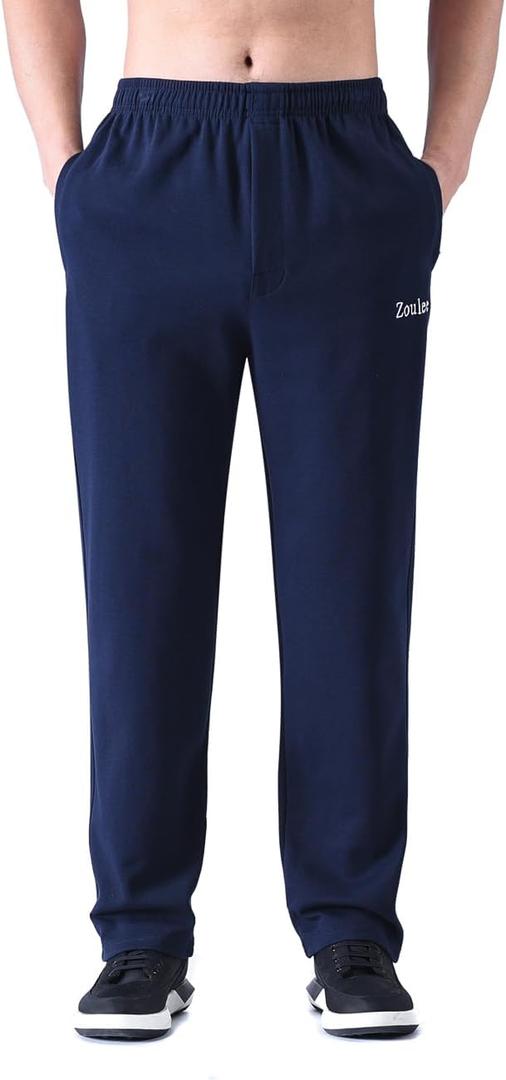 Zoulee Men's Front Zip Open-Bottom Sports Pants Sweatpants Trousers (Large, Navy Blue)