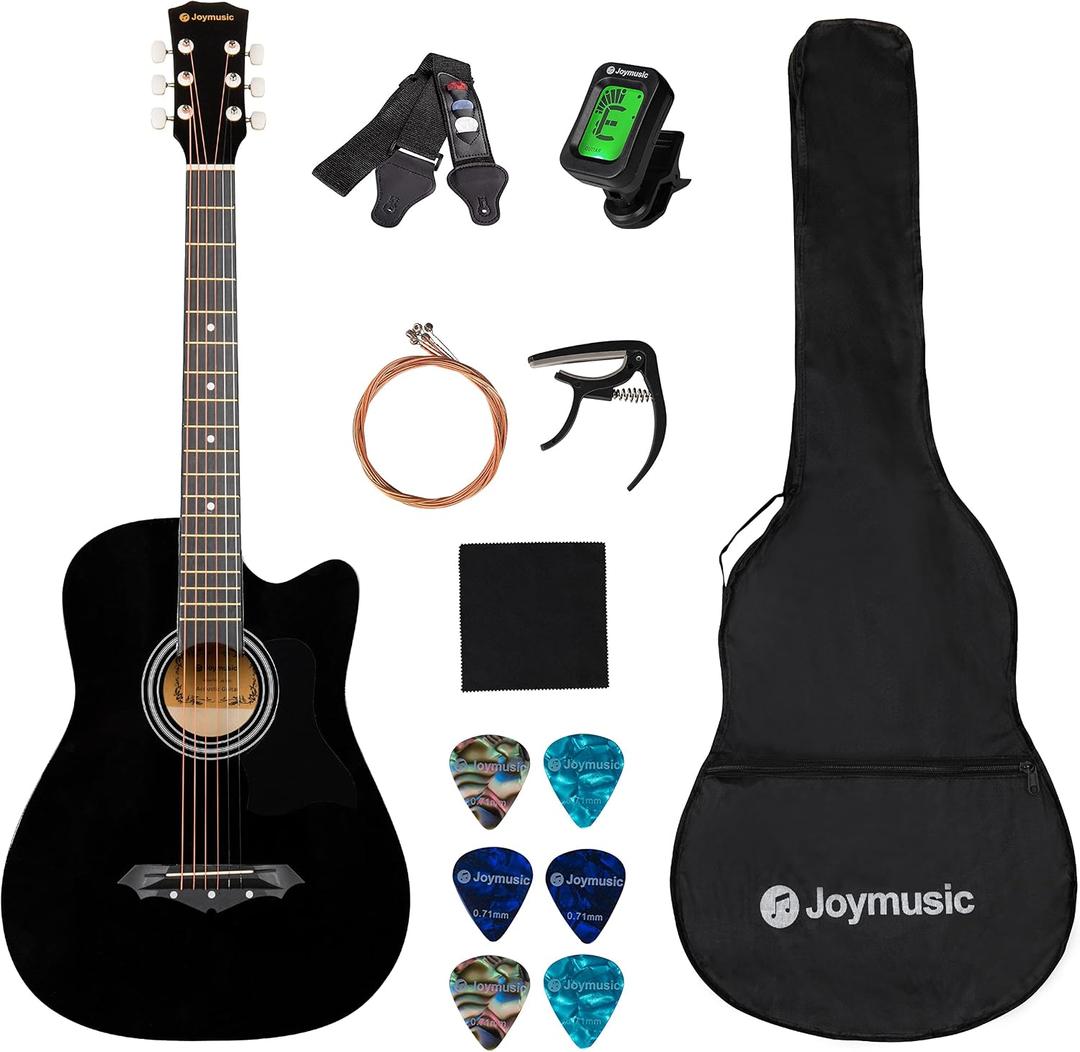 Joymusic 38 inch black beginner acoustic guitar,bundle with a strap with picks holder,digital tuner, set strings, capo,cleaning cloth,6 picks,gig bag.JG-38C,BK