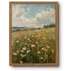 Wildflower Meadow Wall Art, Cottagecore Floral Pictures Wall Decor, Spring Green Botanical Prints, Rustic Country Flower Painting, Neutral Farmhouse Artwork for Gallery Living Room Framed 12x16 Inch