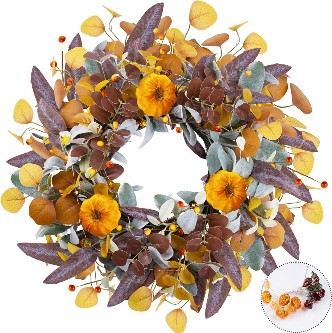 Fall Wreaths for Front Door, 20" Fall Wreath with Lights, Artificial Autumn Door Wreaths-Pumpkin, Berry Branch, Mixed Leaves Decor for Home Outside Indoor Wall Harvest Festival Thanksgiving Decoration