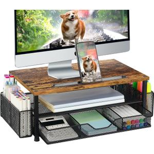 Wood Desk Organizers and Accessories, 2-Tier Computer Monitor Stand with Drawer, Pen Storage & Tablet Phone Holder, Office Desk Accessories, Workspace Desktop Organization for Office SuppliesBrown