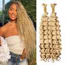 Blonde Human Braiding Hair Deep Water Wave Bulk Human Hair 100g 20 Inch 613 Blonde Curly Human Hair for Boho Braids Hair Extensions No Weft 2 Braids P27/613 Color