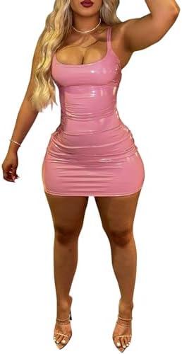 sedmoda Women Sexy Faux Leather Mini Dress Spaghetti Strap Bodycon PU Short Dresses Party Club Outfits Size S