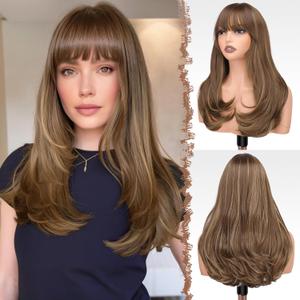 FESHFEN Long Wigs with Bangs, Synthetic Natural Looking Layered Straight Hair Wig for Women Daily Party Use 18 inch, Brown Mixed Blonde