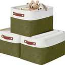 DECOMOMO Storage Bins Fabric Storage Baskets for Shelves, Linen Closet Organization Toys Nursery (Olive Green and White, Large - 3 Pack) (Large/3P - 15"x11"x9.5")