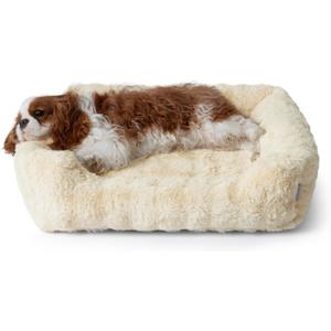 Lesure Fluffy Dog Beds for Medium Dogs - Rectangle Orthopedic Calming Pet Sofa,Plush Bubble Bolster Pet Bed with Removable Washable Cover and Nonskid Bottom,30x24x8inches,Beige